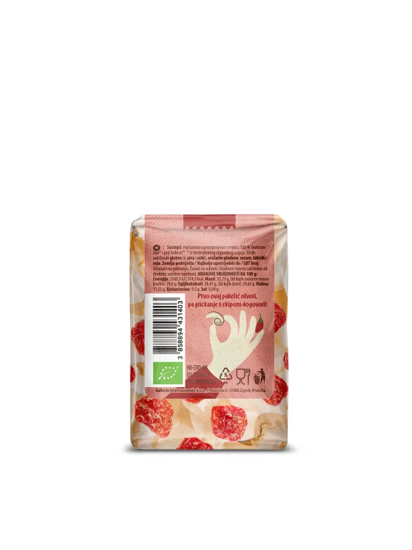 Nutrigold organic coconut chips and goji berries in a transparent packaging of 50g