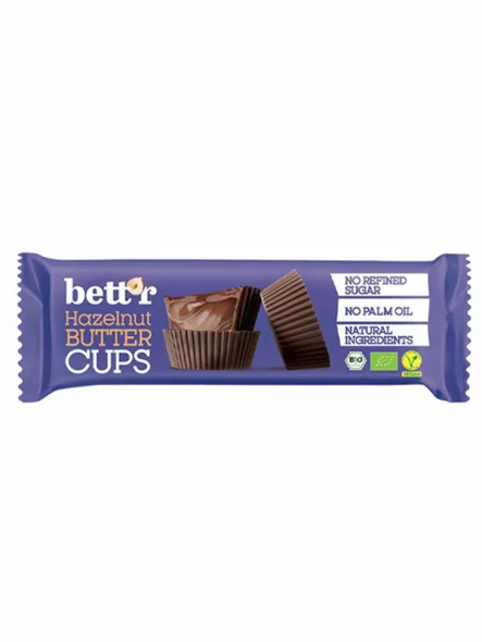 Bett'r organic hazelnut butter cups in a packaging of 39g
