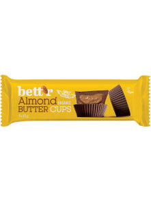 Bett'r organic almond butter cups in a yellow packaging containing 3 pralines of 13g