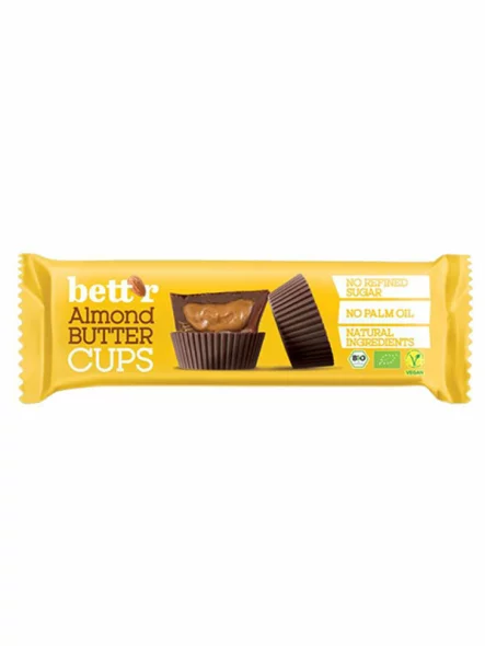 Bett'r organic almond butter cups in a yellow packaging containing 3 pralines of 13g