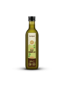 Nutrigold organic cold pressed hemp oil in a dark bottle packaging of 250g