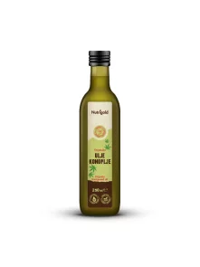 Nutrigold organic cold pressed hemp oil in a dark bottle packaging of 250g