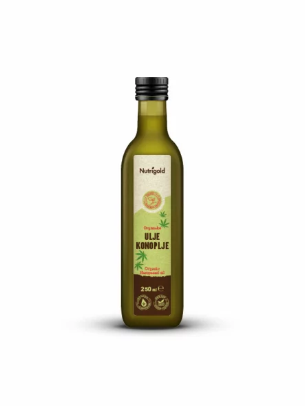 Nutrigold organic cold pressed hemp oil in a dark bottle packaging of 250g