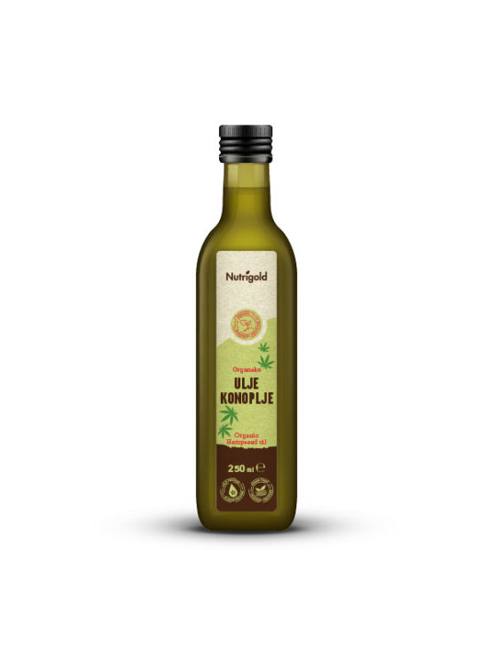 Nutrigold organic cold pressed hemp oil in a dark bottle packaging of 250g