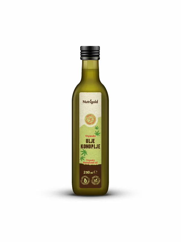 Nutrigold organic cold pressed hemp oil in a dark bottle packaging of 250g