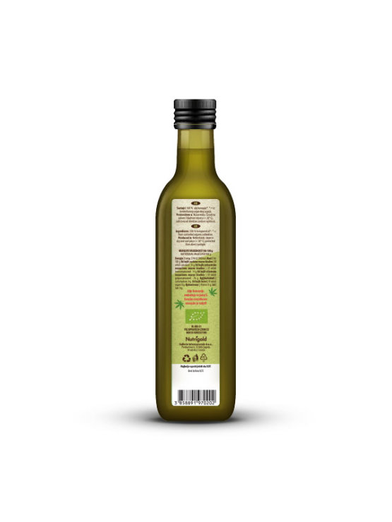 Nutrigold organic cold pressed hemp oil in a dark bottle packaging of 250g