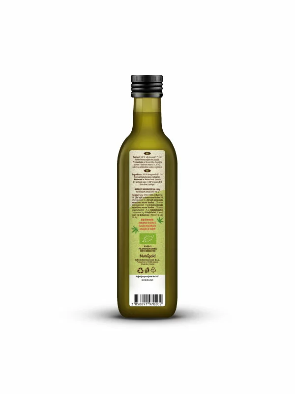 Nutrigold organic cold pressed hemp oil in a dark bottle packaging of 250g