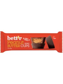 Bett'r organic peanut butter cups in orange packaging containing 3 pralines of 13g