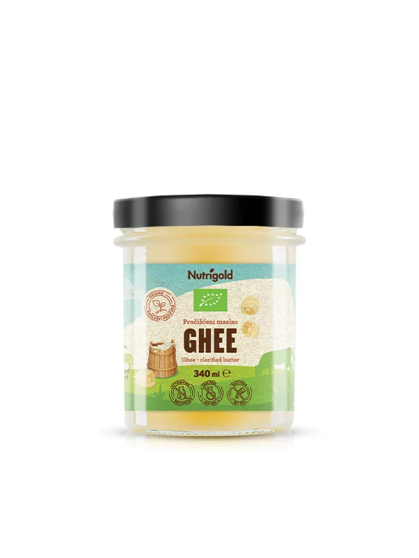 Nutrigold irganic ghee - clarified milk butter in a glass jar of 340ml