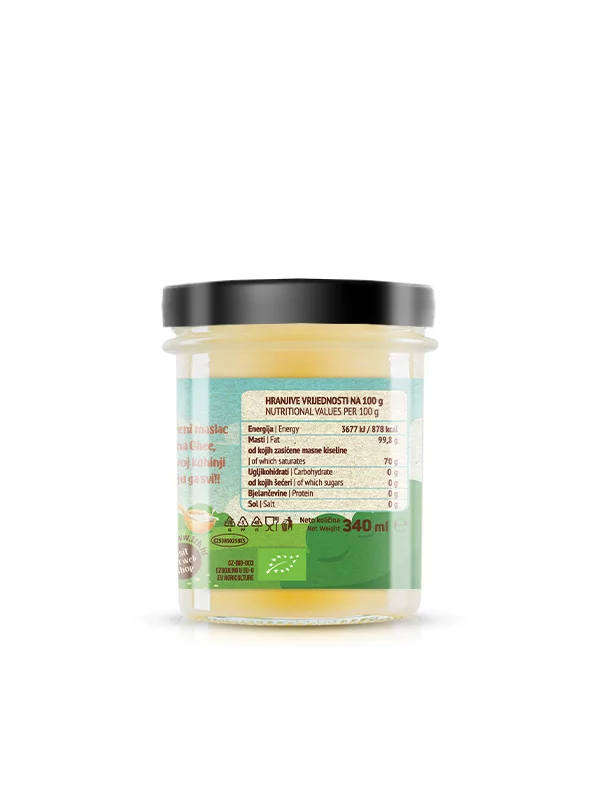 Nutrigold irganic ghee - clarified milk butter in a glass jar of 340ml