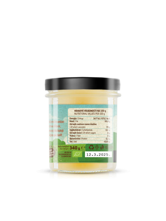 Nutrigold irganic ghee - clarified milk butter in a glass jar of 340ml