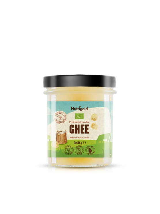 Nutrigold irganic ghee - clarified milk butter in a glass jar of 340ml