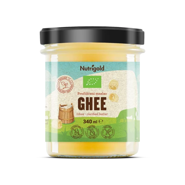 Nutrigold irganic ghee - clarified milk butter in a glass jar of 340ml