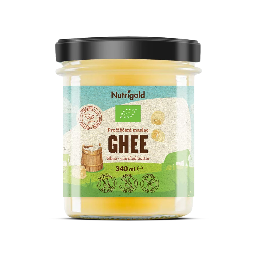 Nutrigold irganic ghee - clarified milk butter in a glass jar of 340ml