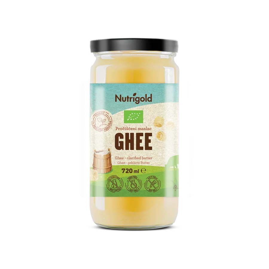 Butrigold ghee -organic clarified butter in a glass jar of 720g