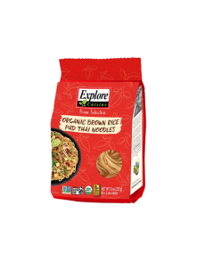 Explore Cuisine organic whole grain rice pad thai noodles in a red packaging of 227g