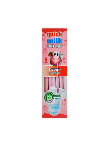 Quick Milk organic magic straws with strawberry-flavoured beads in a packaging of 6 straws