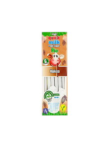 Quick Milk organic magic straw with cocoa flavoured beads in a packaging containing 6 straws