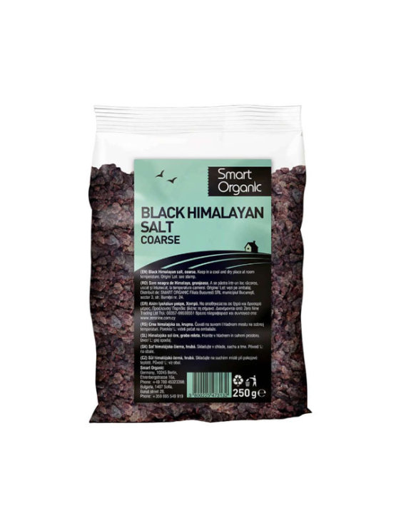 Smart Organic coarse black Himalayan salt in a transparent packaging of 250g