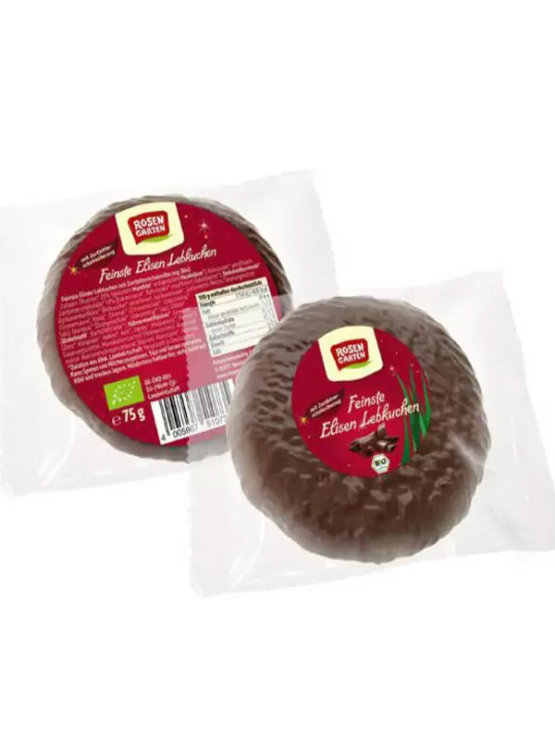 Rosengarten organic gingerbread cookie with chocolate ina  transparent packaging of 75g