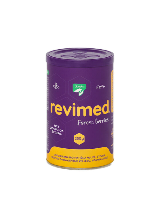 Revimed organic lyophilised royal jelly and iron with stevia in a purple container of 250g