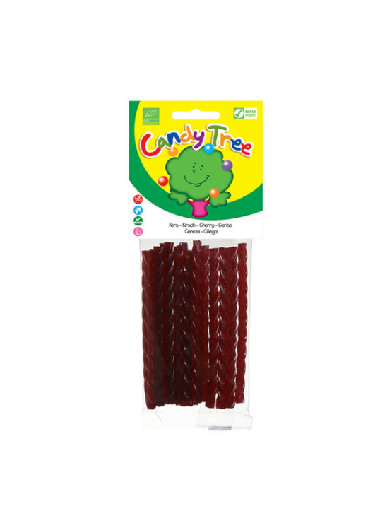 Candy Tree organic cherry gummy vines in a transparent packaging of 75g