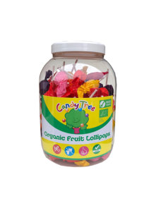 Candy Tree organic lollipop mix in a plastic container containing 84 lollipops