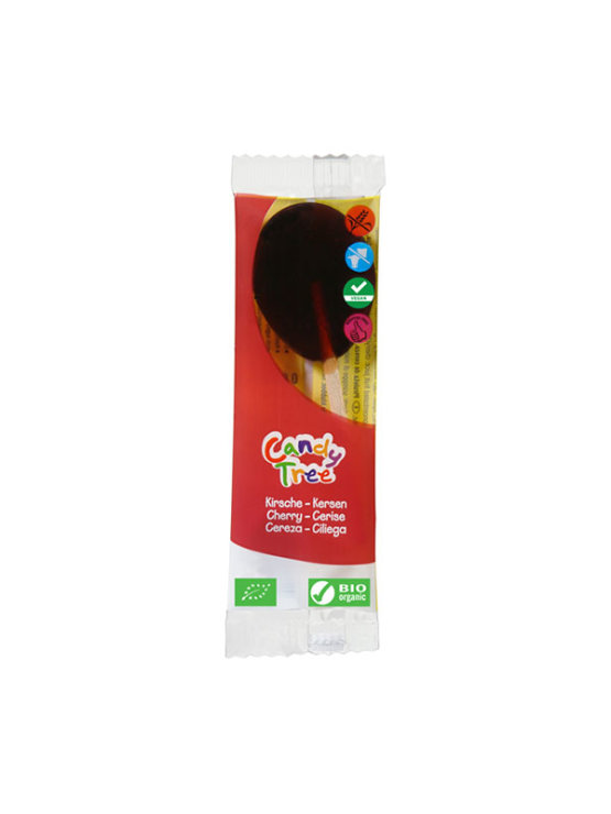 Candy Tree organic cherry lollipop in a transparent packaging of 12g