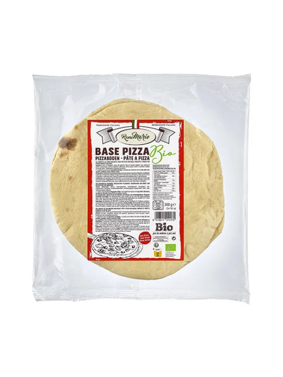 Romi Marie organic pizza base in transparent packaging containing 2x150g