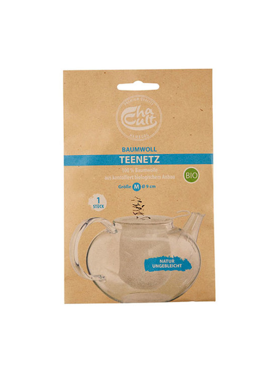 Cha Cult organic cotton tea filter in a packaging containing one filter