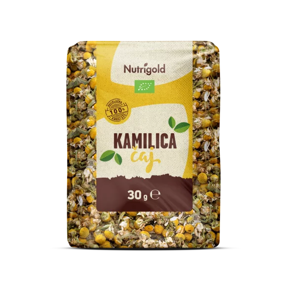 Nutrigold organic chamomile tea in a transparent packaging of 30g