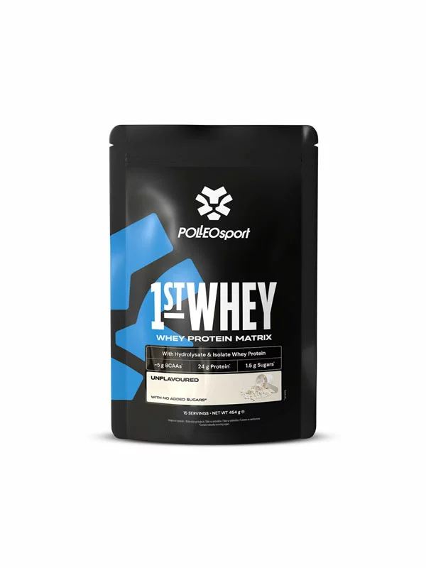 Polleo Sport unflavoured whey protein powder in a packaging of 454g