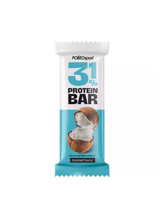 Polleo Sport coconut flavoured protein bar with no added sugars in a packaging of 35g