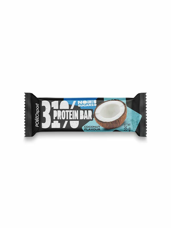 Polleo Sport coconut flavoured protein bar with no added sugars in a packaging of 35g