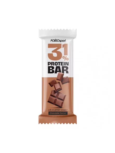 Polleo Sport chocolate flavoured protein bar with no added sugars in a packaging of 35g