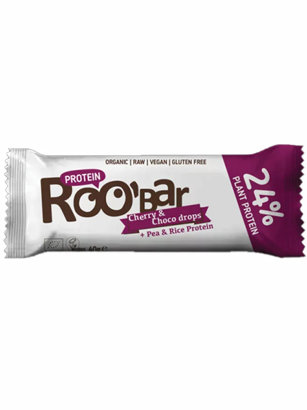 Roobar vegan protein bar cherry and choco drops in a packaging of 40g