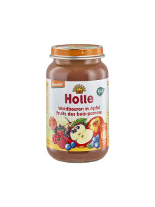 Holle organic apple and blueberry puree in a glass jar of 220g