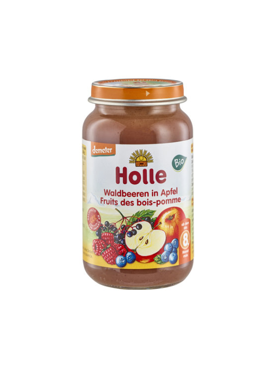 Holle organic apple and blueberry puree in a glass jar of 220g