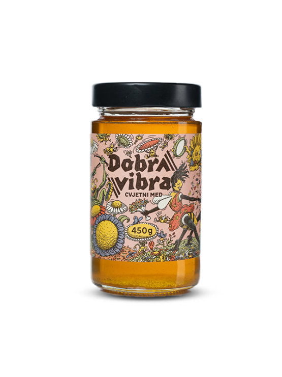 Dobra Vibra blossom honey in a glass jar of 450g