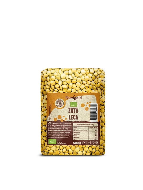 Nutrigold organic yellow lentils in a transparent packaging of 500g
