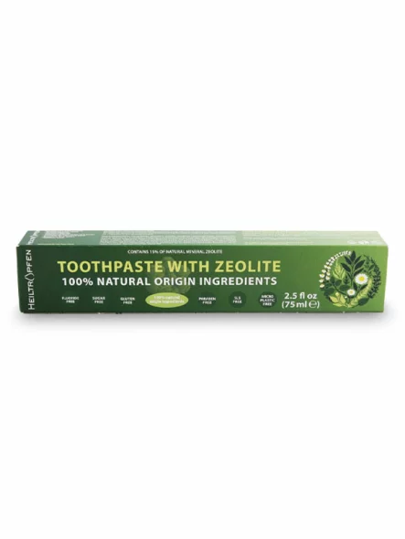 Heiltropfen zeolite toothpaste in a dark blue cardboard packaging of 75ml