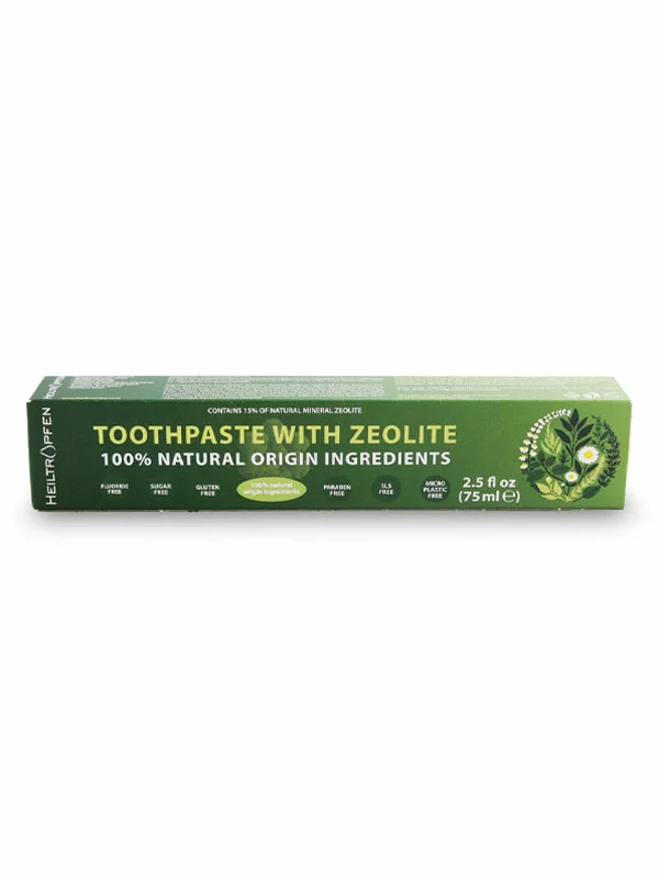 Heiltropfen zeolite toothpaste in a dark blue cardboard packaging of 75ml