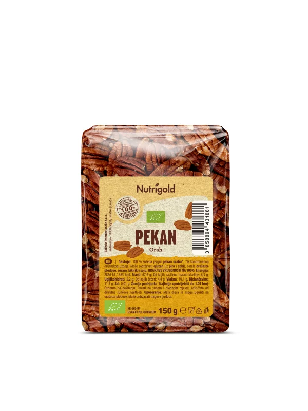 Nutrigold organic pecan nuts in a transparent packaging of 150g