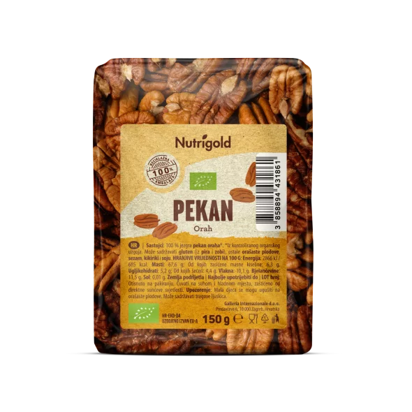 Nutrigold organic pecan nuts in a transparent packaging of 150g