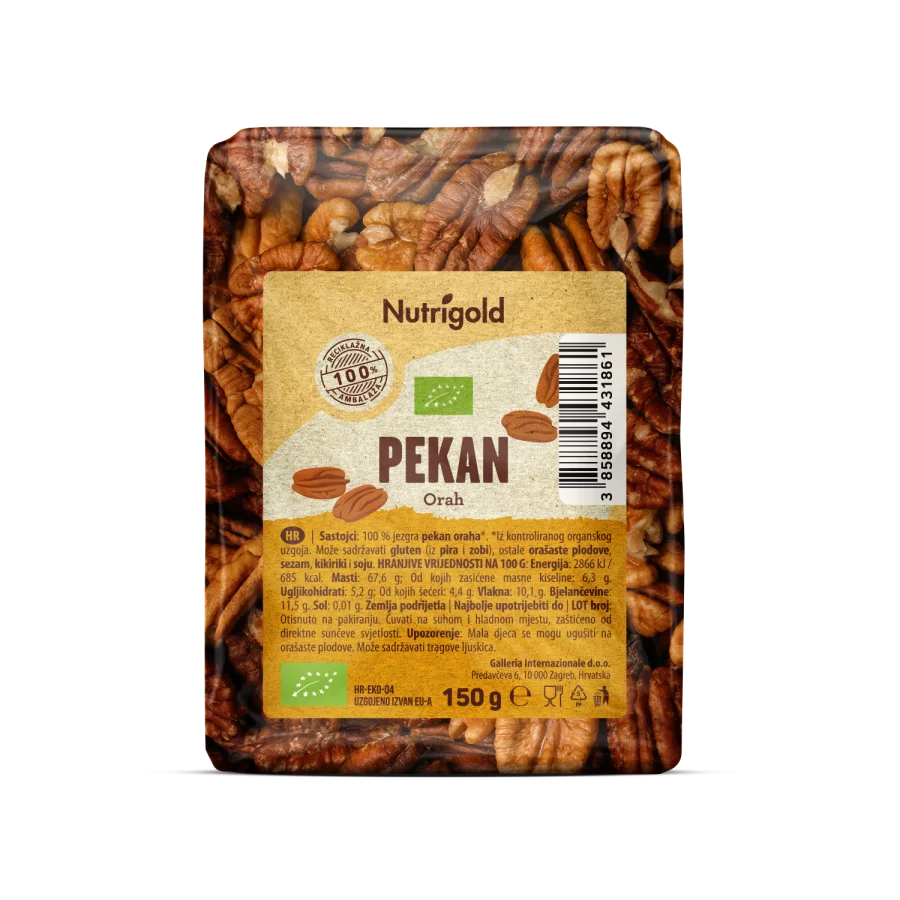 Nutrigold organic pecan nuts in a transparent packaging of 150g