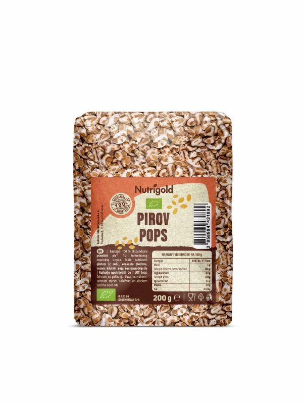 Nutrigold organic spelt pops in a transparent packaging of 200g