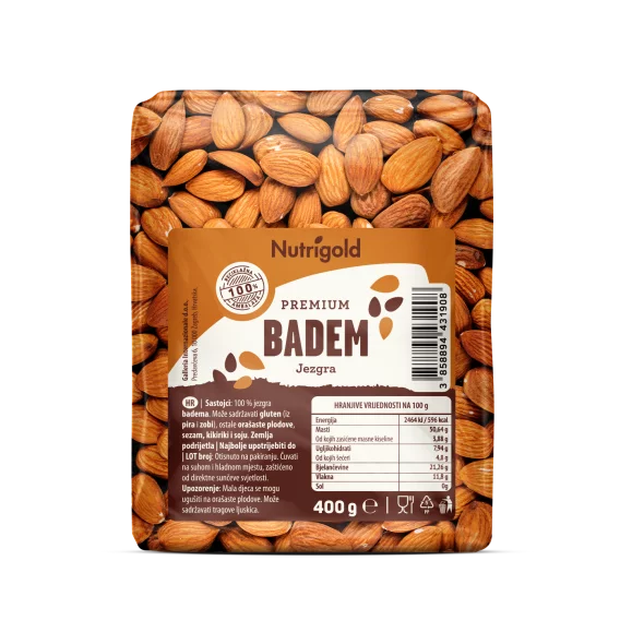 Nutrigold Premium Almonds in a transparent packaging of 400g