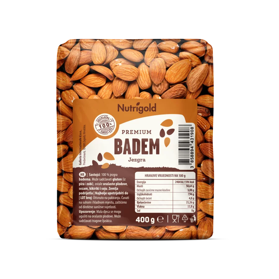 Nutrigold Premium Almonds in a transparent packaging of 400g
