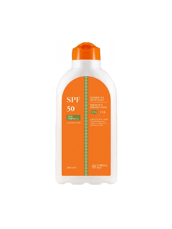 Losion za sunčanje SPF 50+ u bijelo-narančastom pakiranju od 200ml Zorina mast