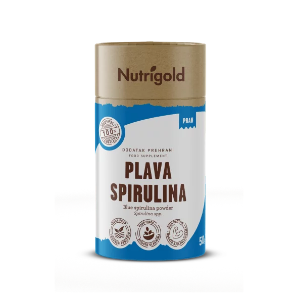 Nutrigold blue spirulina powder in a cylindrical cardboard packaging of 50g